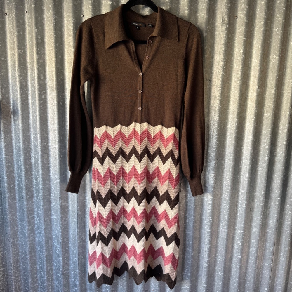 BCBGMAXAZRIA Brown Pink Chevron Beige Wool Retro Knit Sweater Dress Midi Medium
